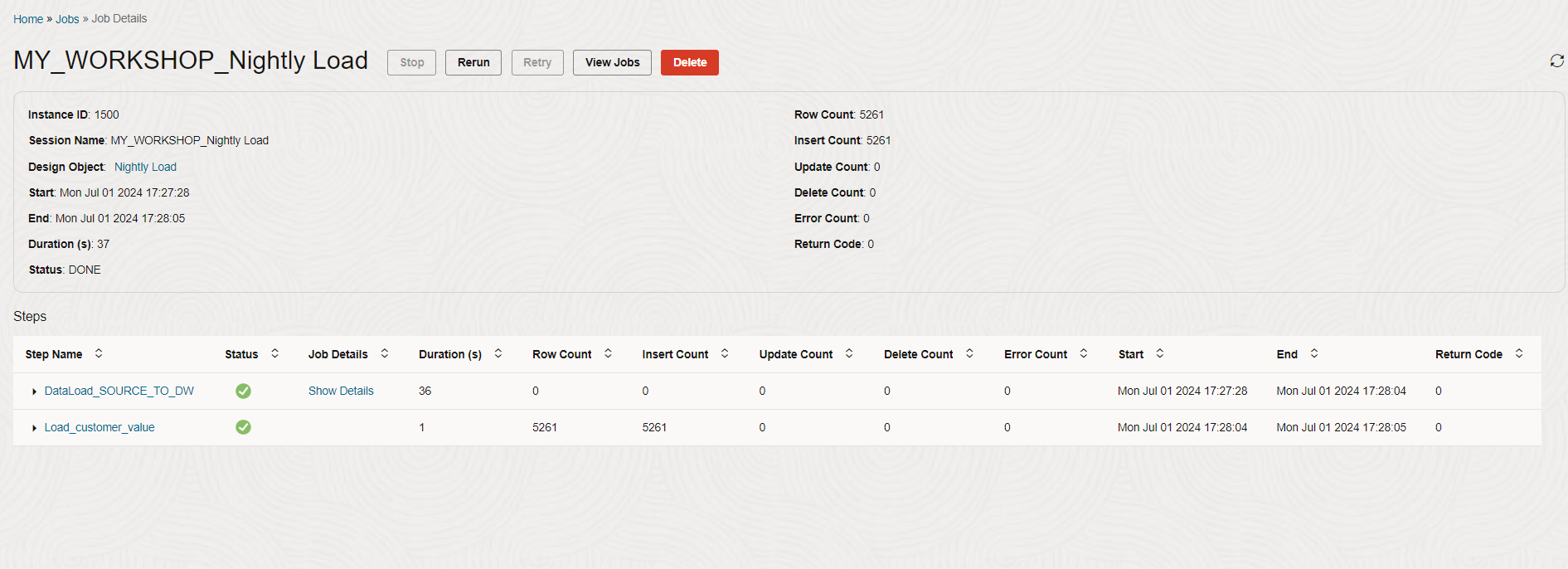 Screenshot of job details
