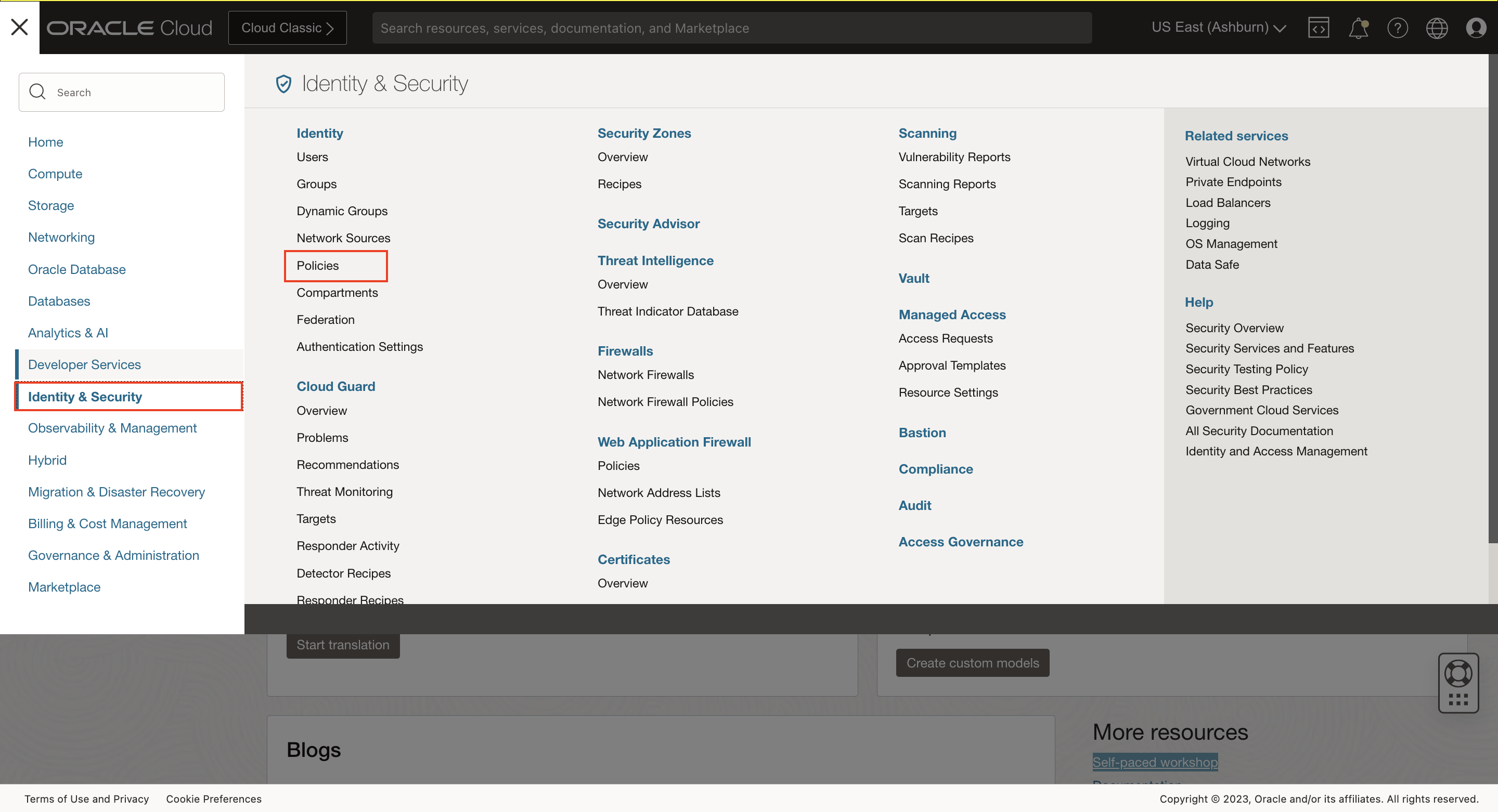 OCI Hamburger menu