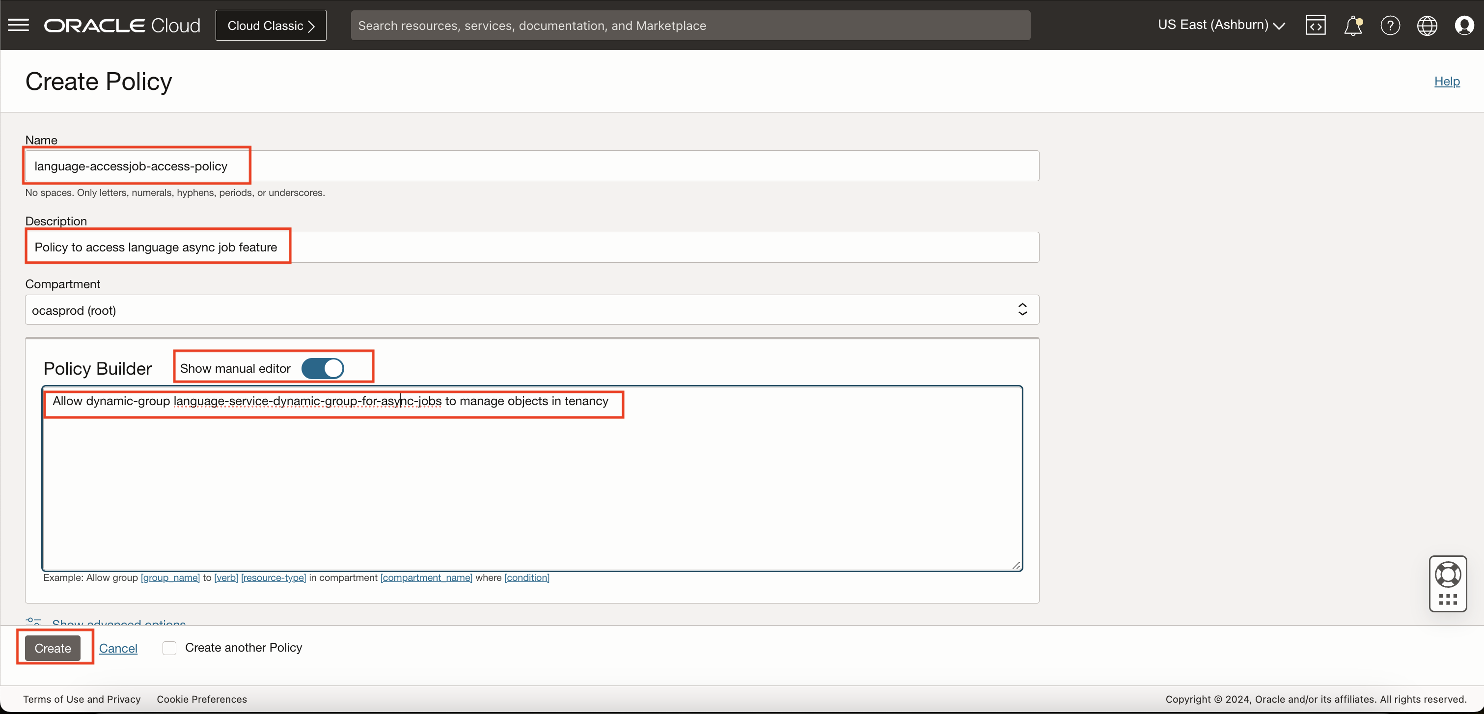 OCI Create policy screen