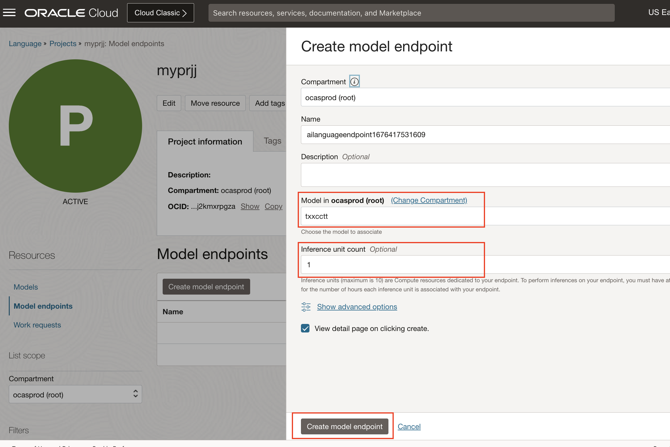 Create model endpoint panel