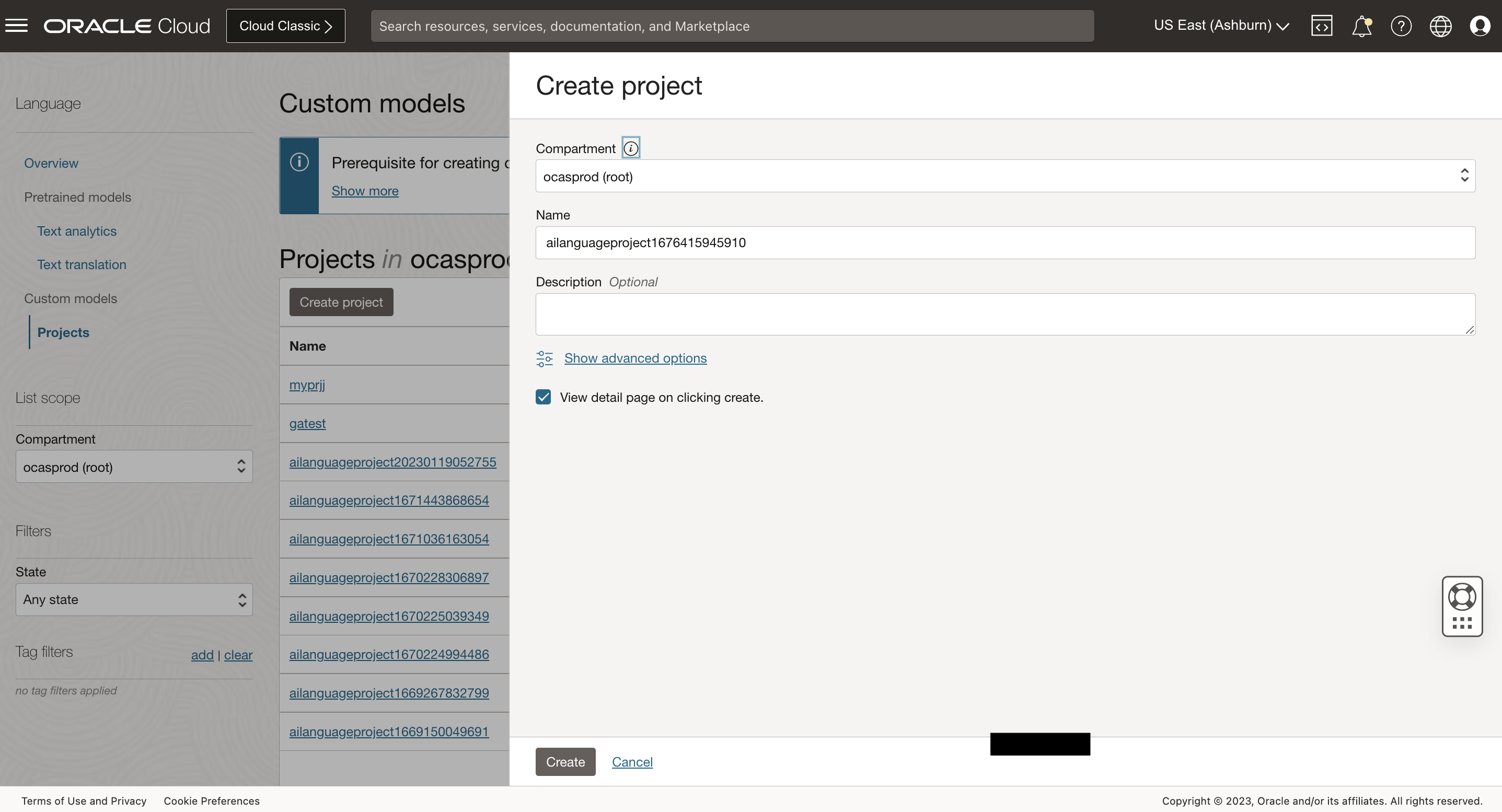 Create Project Panel