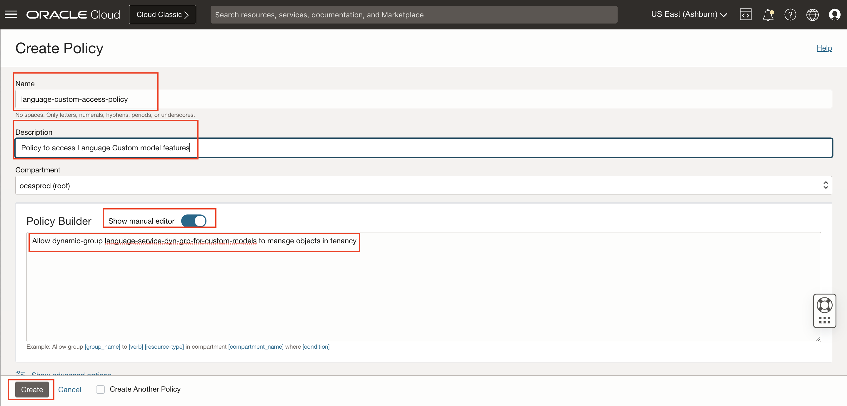 OCI Create policy screen