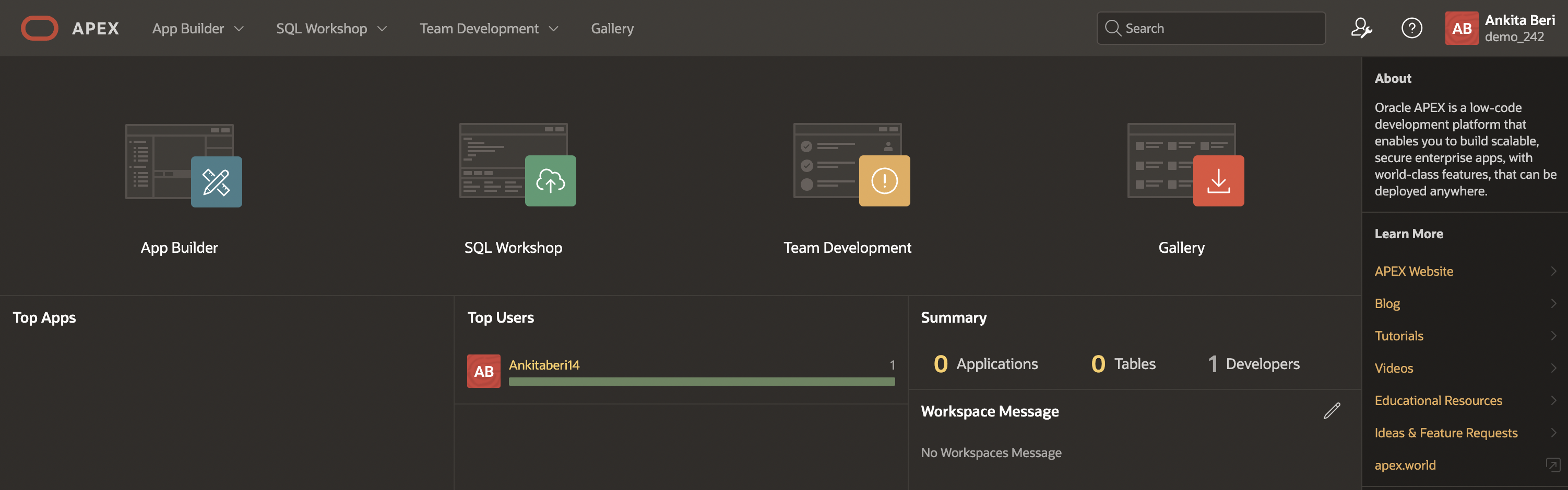 APEX Builder homepage
