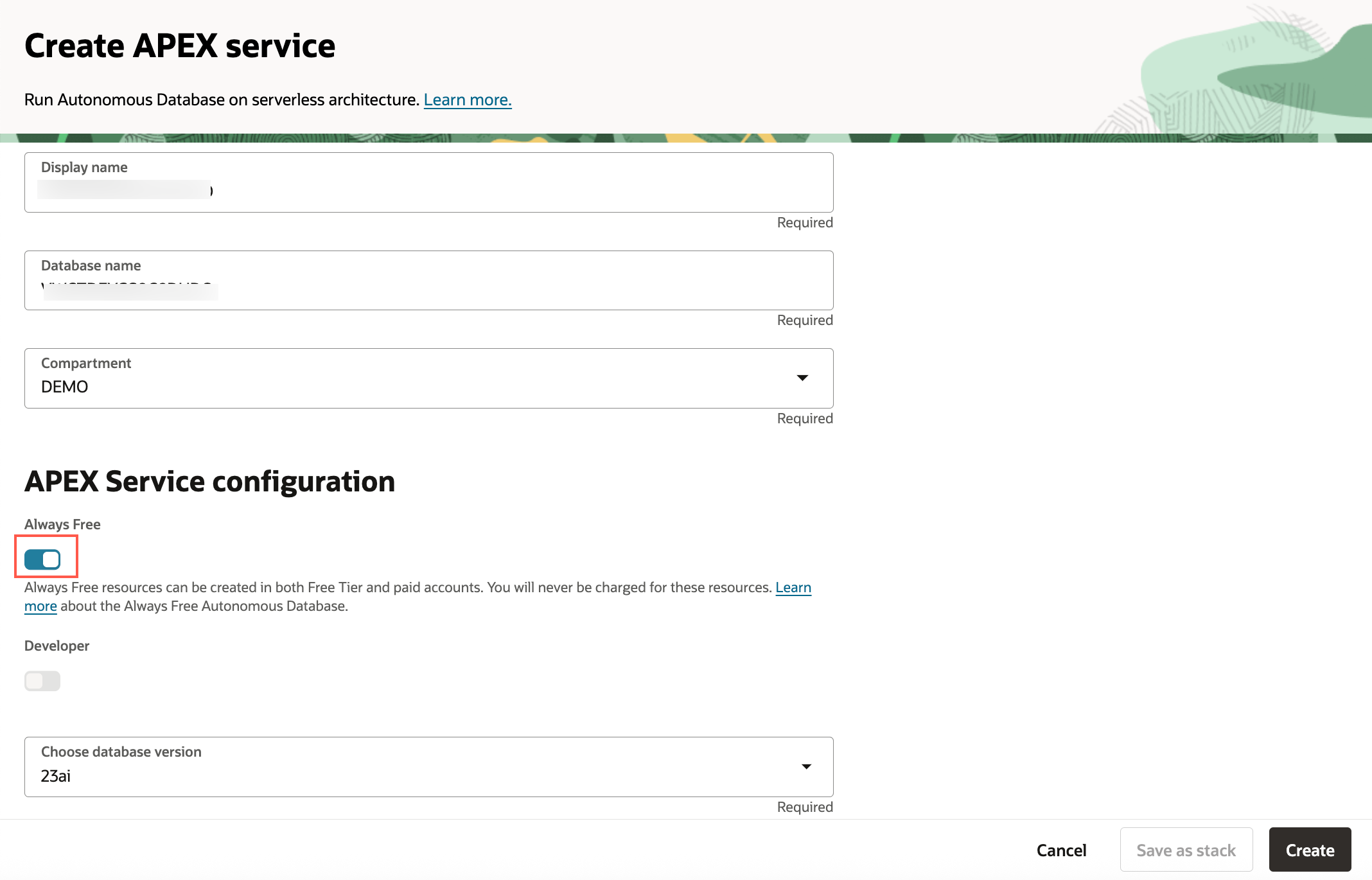 Create instance page