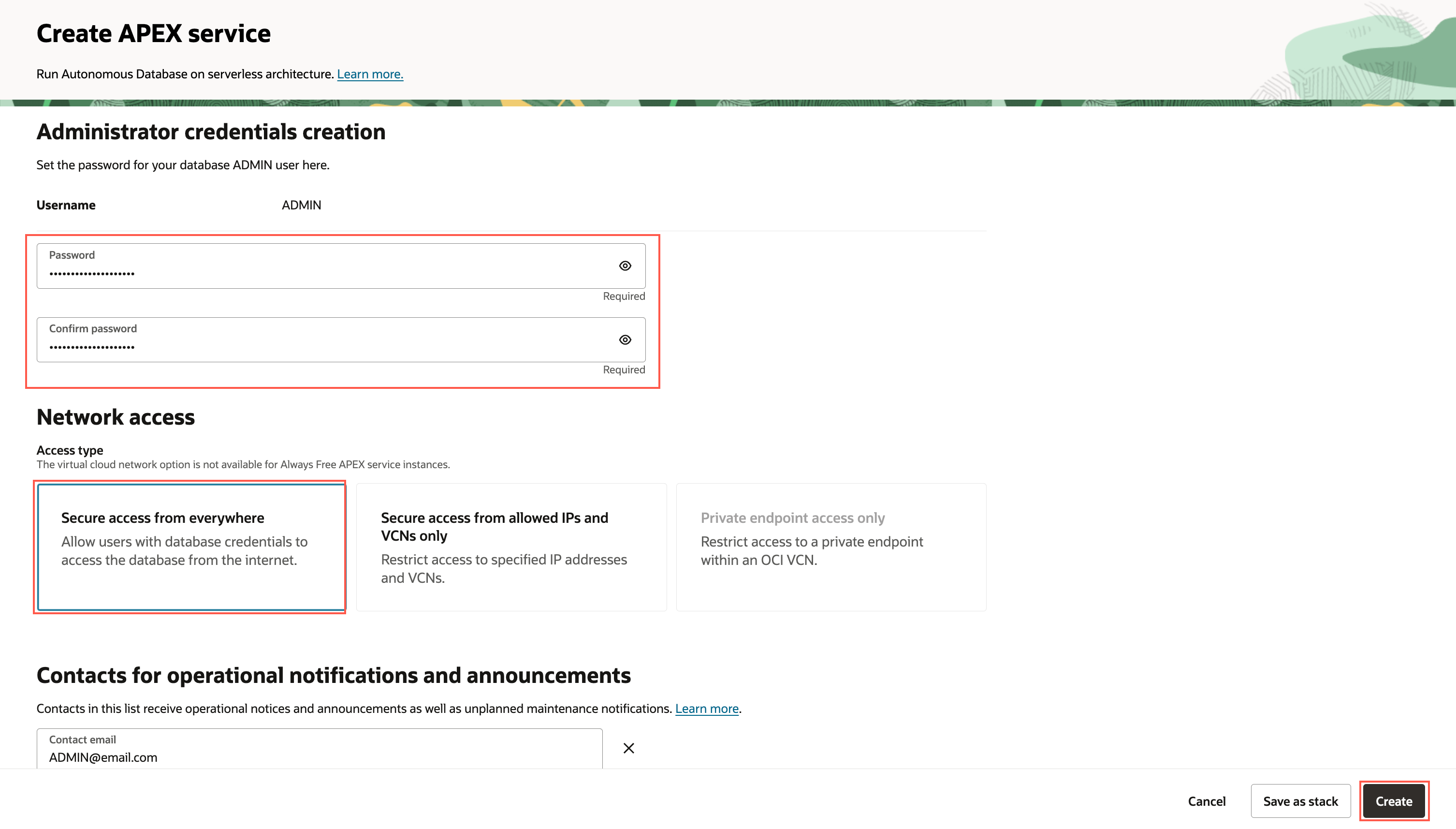 Create instance page