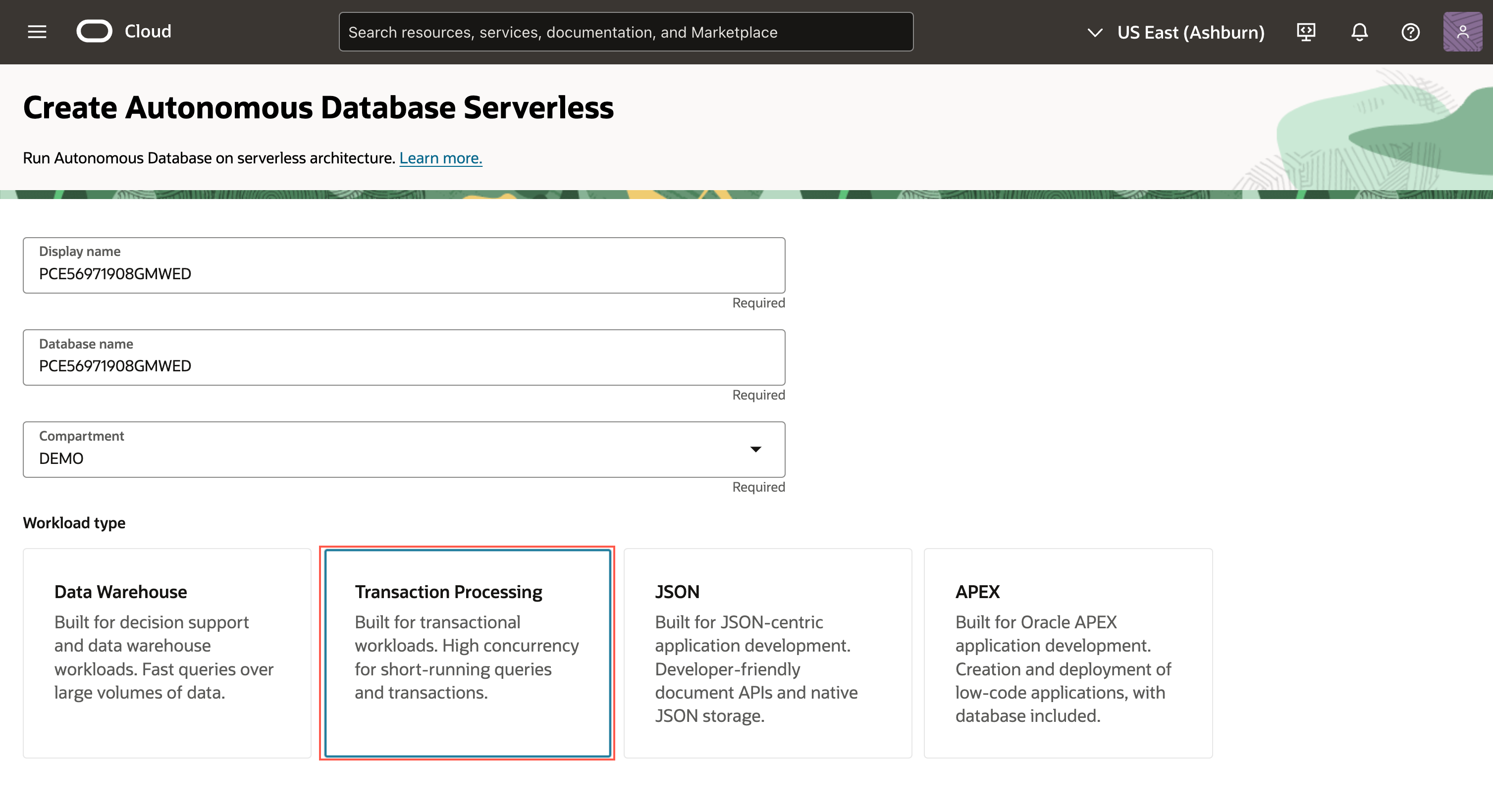 Create Autonomous Database page