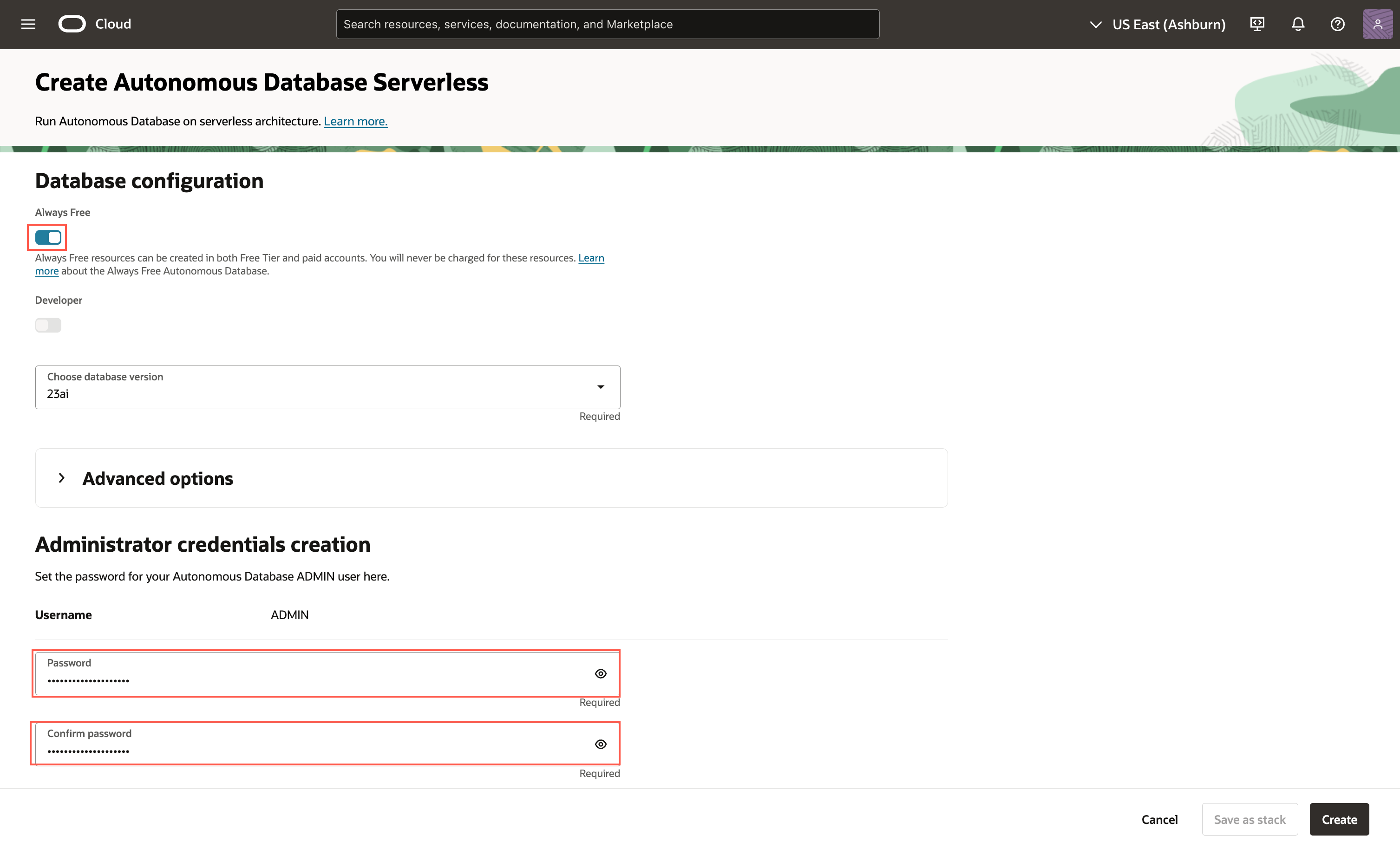 Create Autonomous Database page