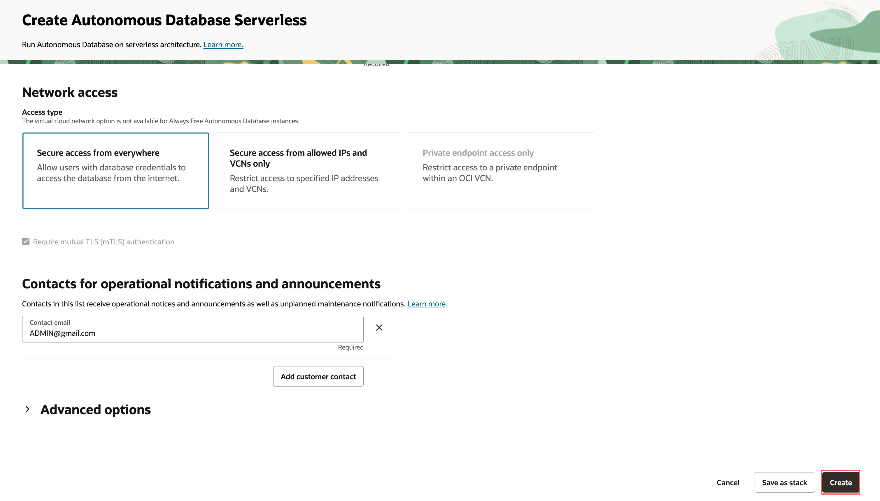Create Autonomous Database page