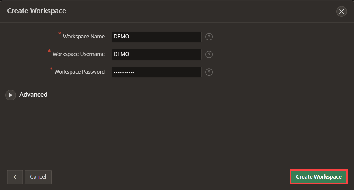 Create Workspace dialog