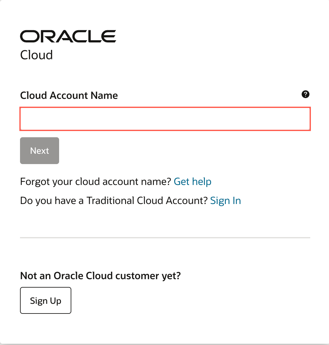 log in page for Oracle Cloud account