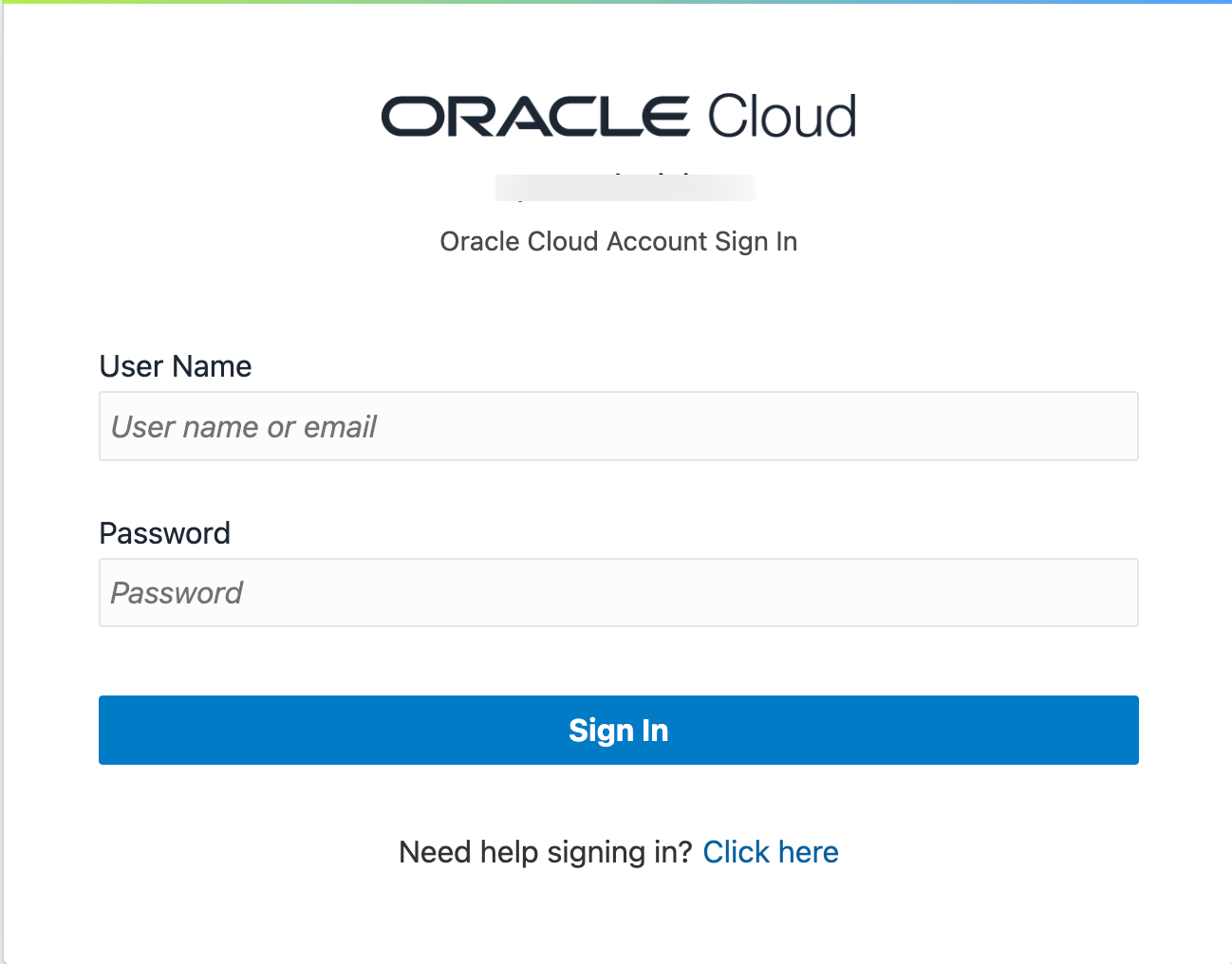 log in page for Oracle Cloud account