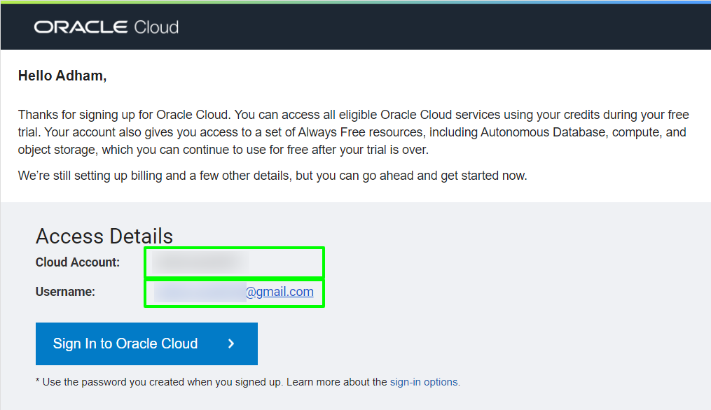 Email with Username, Password, and Cloud Account Name