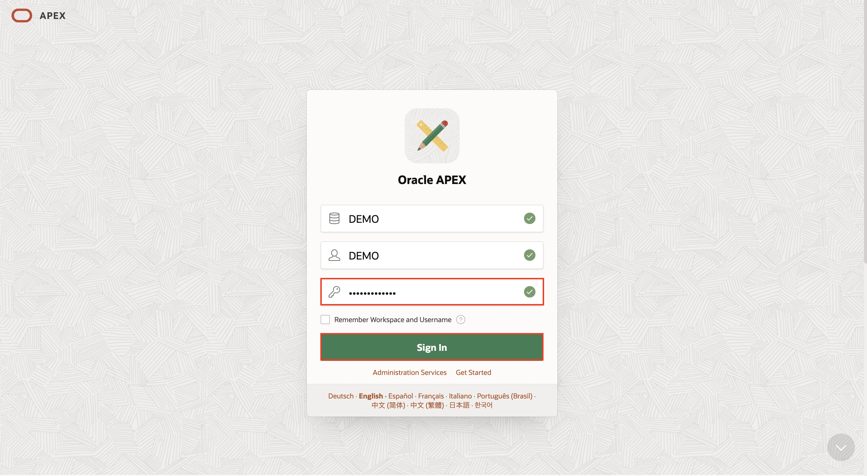 APEX Workspace log in page