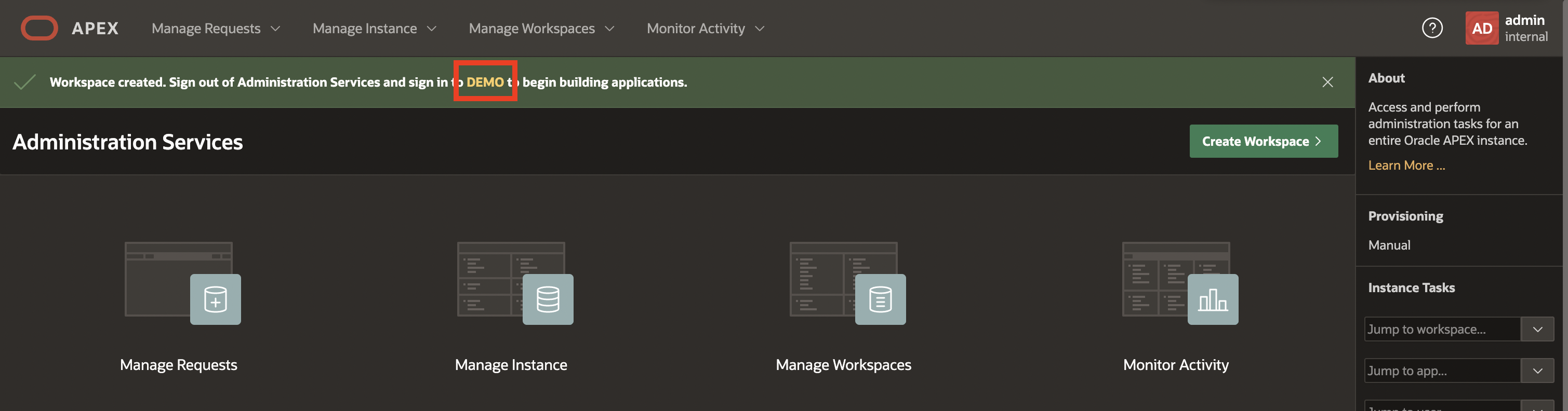 APEX Instance Administration page