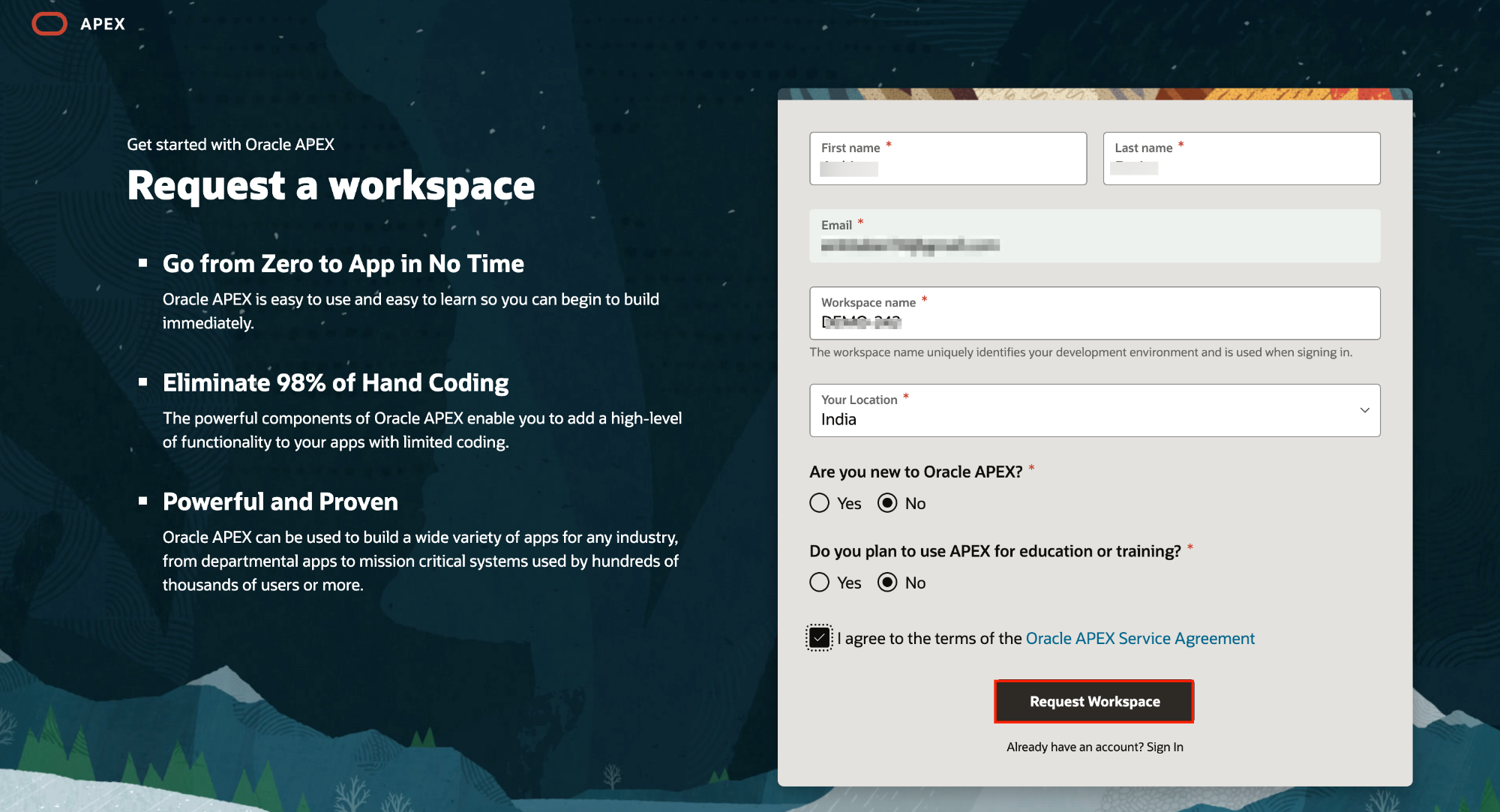 Request a Workspace dialog