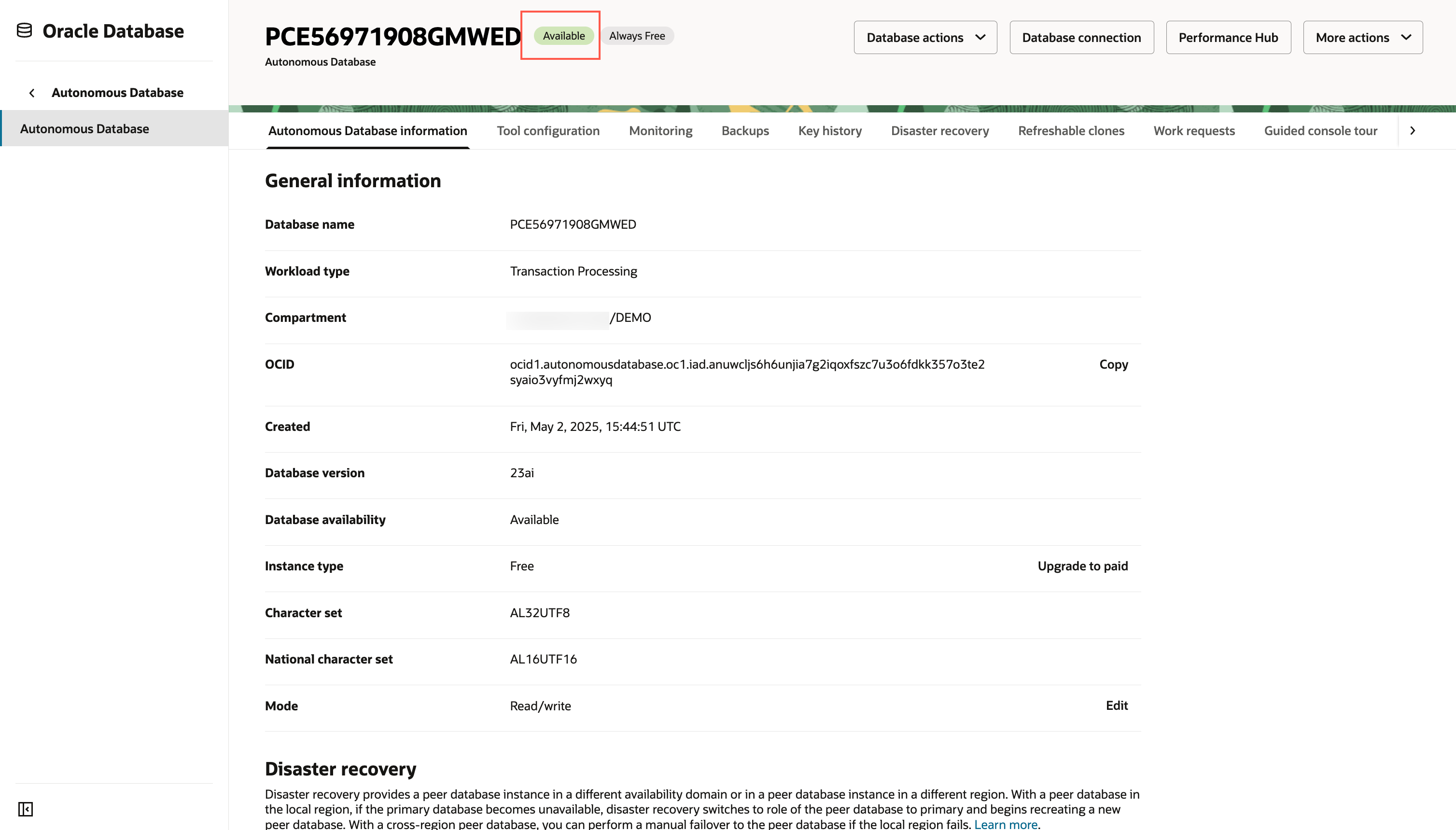 Autonomous Database Details page