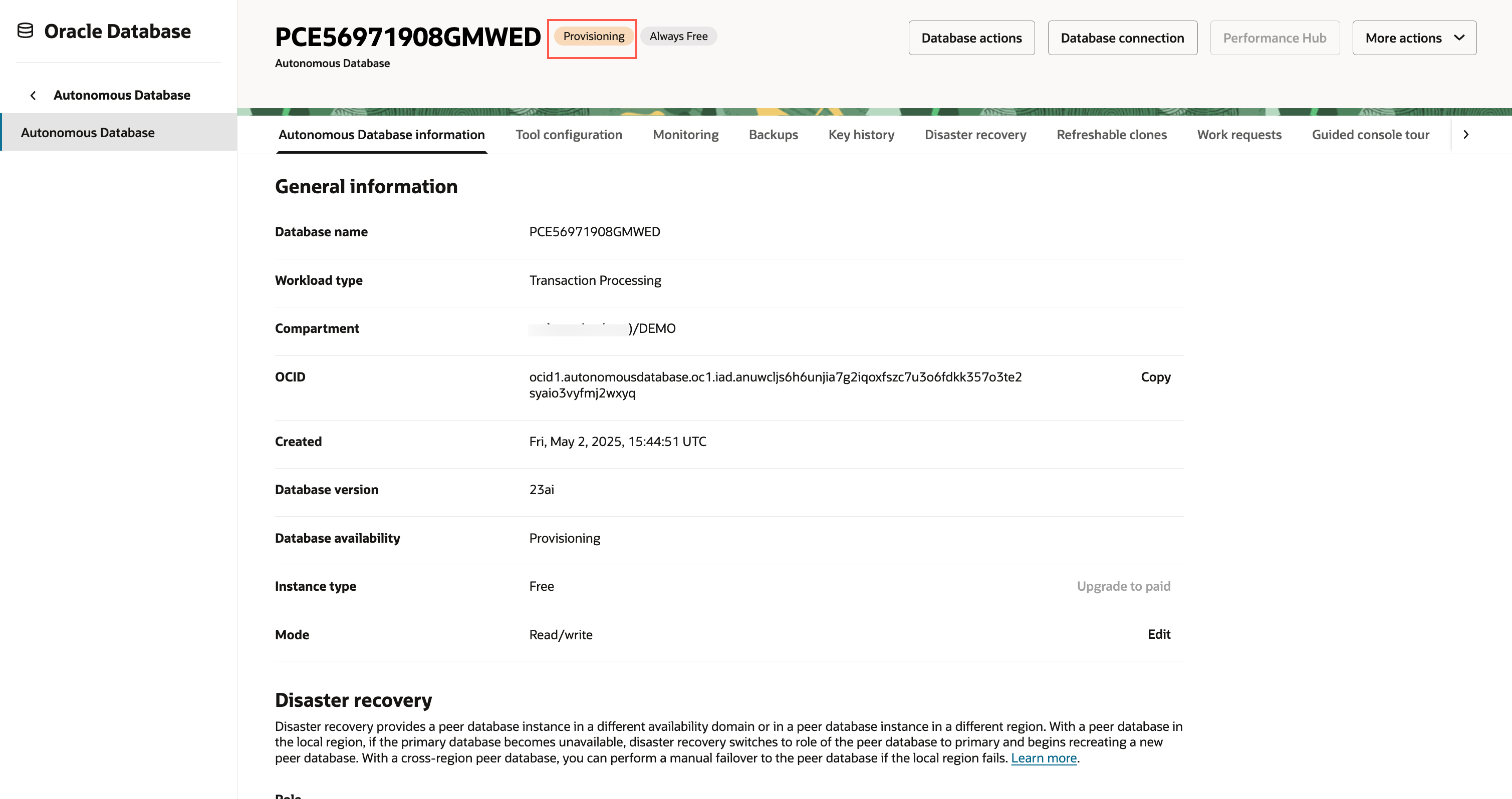 Autonomous Database Details page
