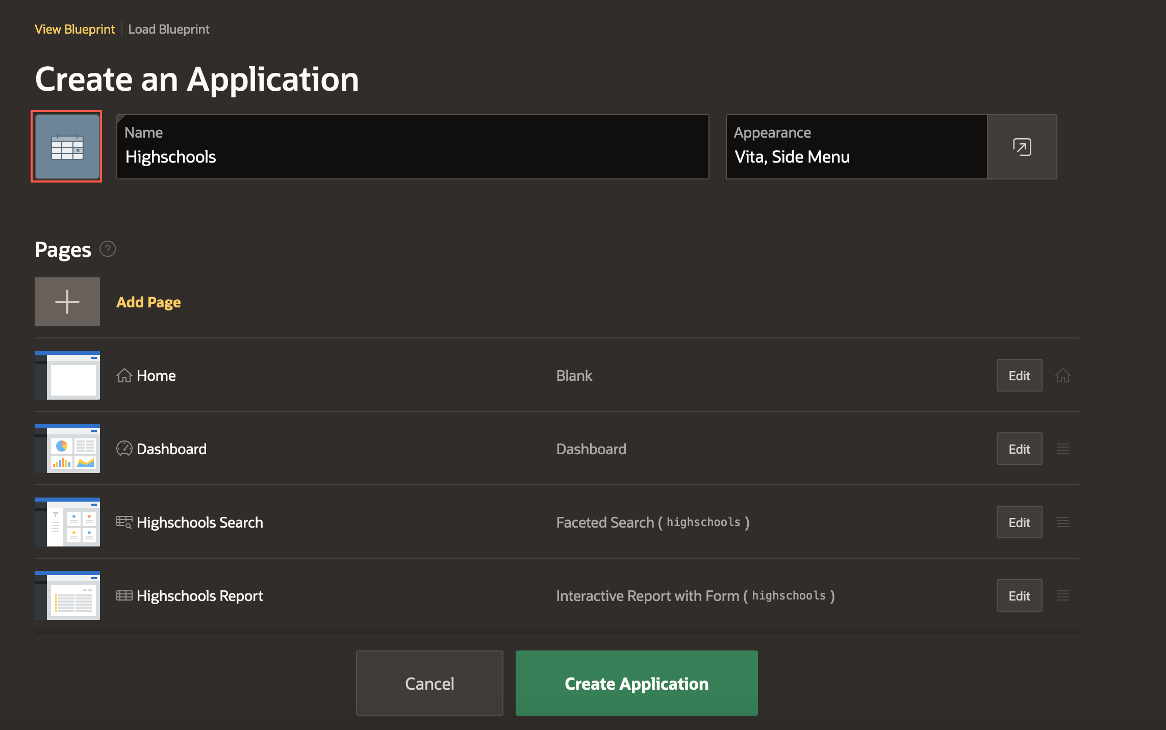 Image showing the Create Application Page