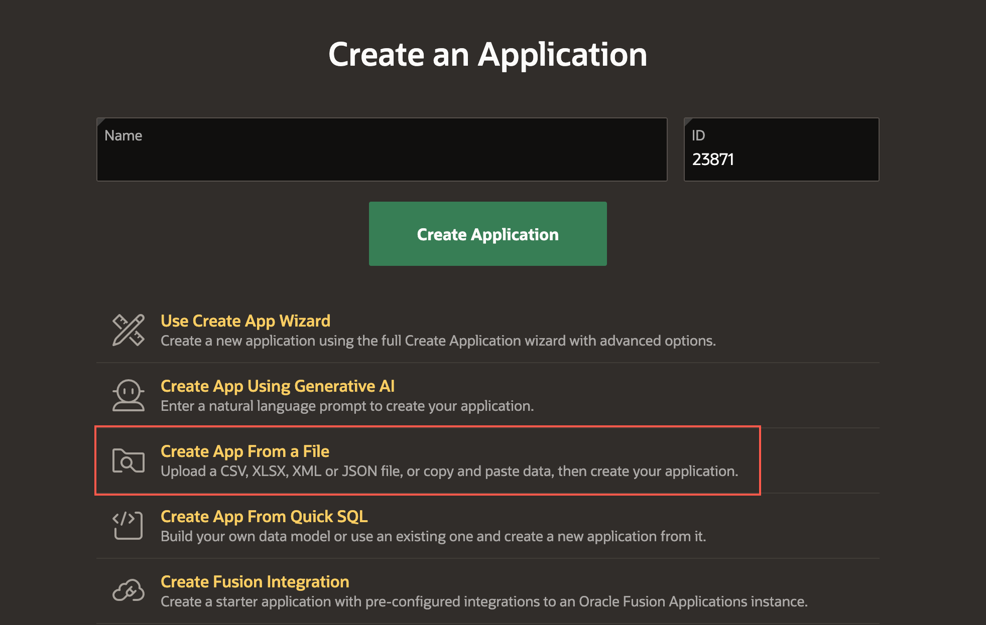 Image showing the various options to create an application
