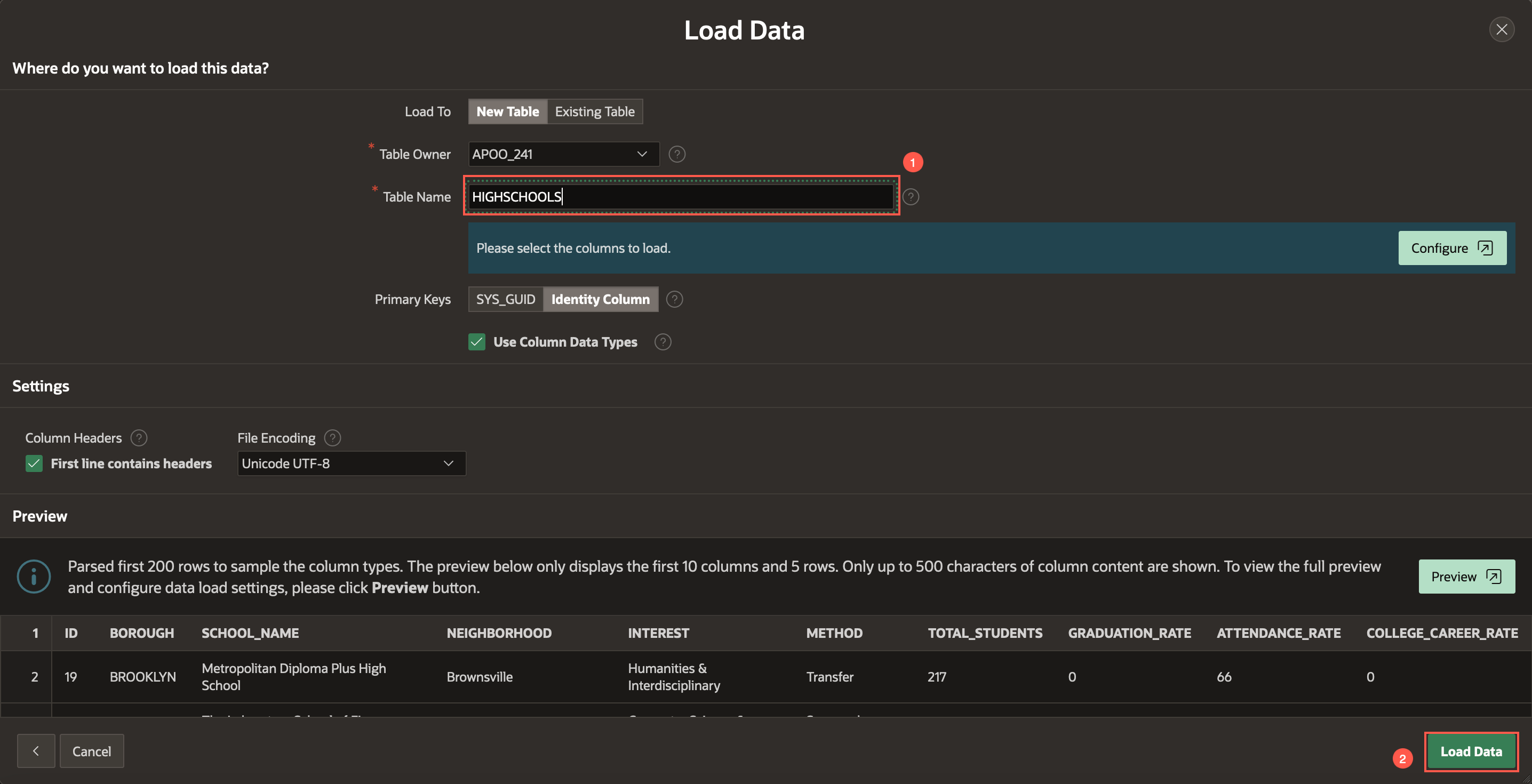 Image showing the Load Data wizard