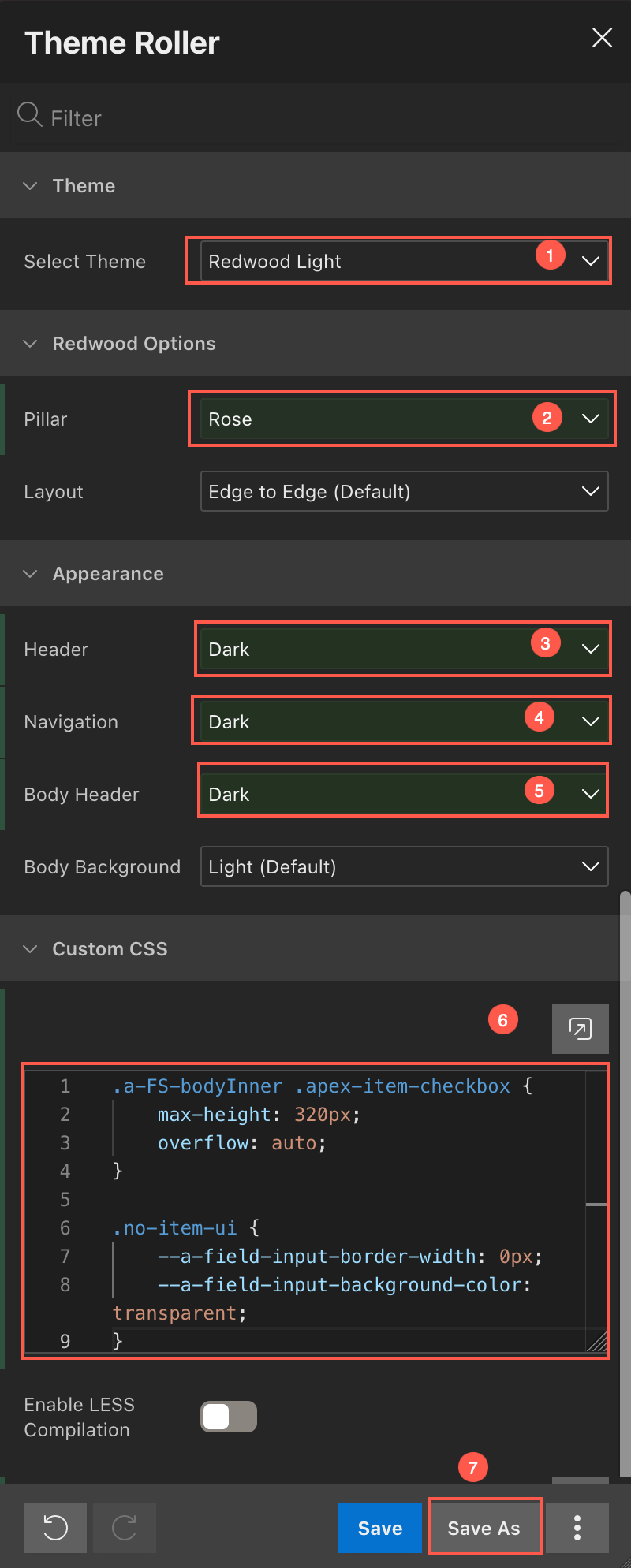 Application page in runtime with Theme roller dialog open
