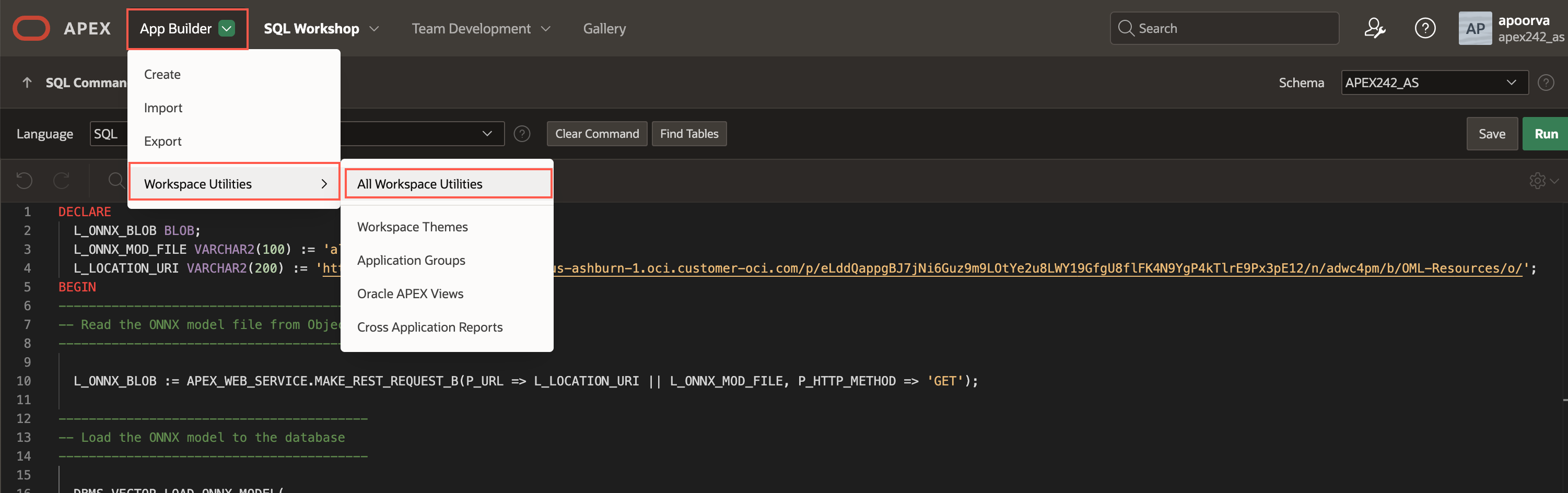 SQL commands editor