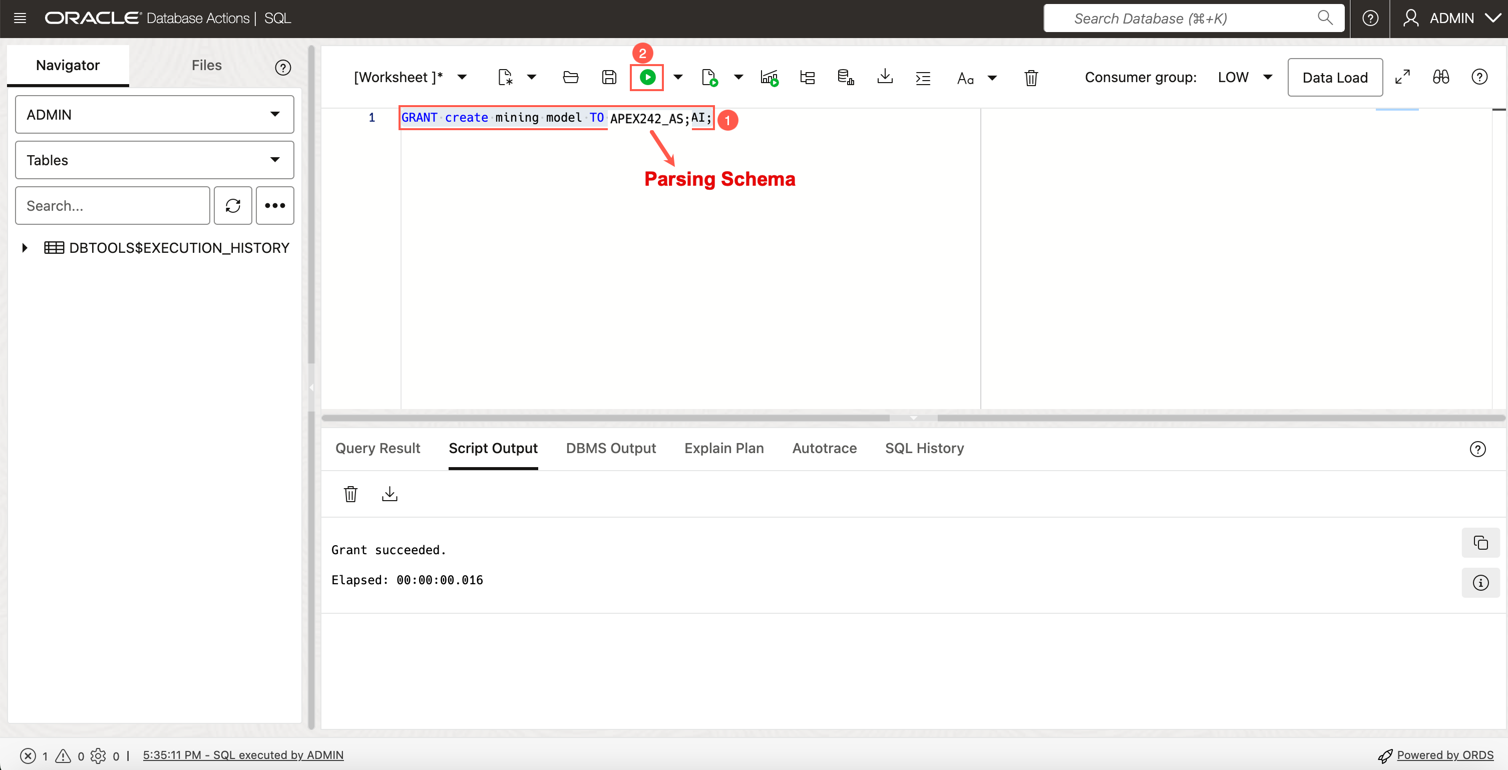 Database Actions SQL page