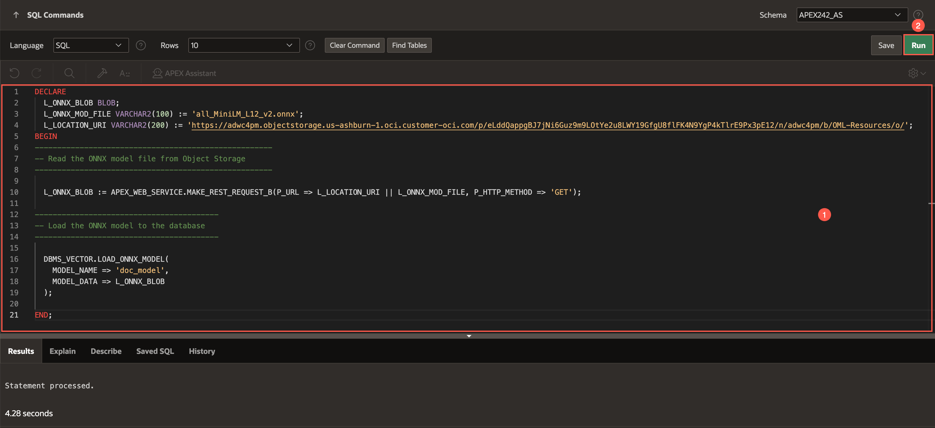 SQL commands editor