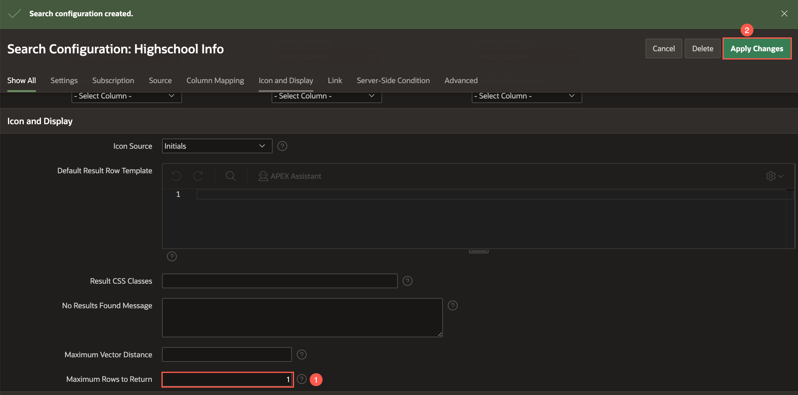 Create Search Configurations page