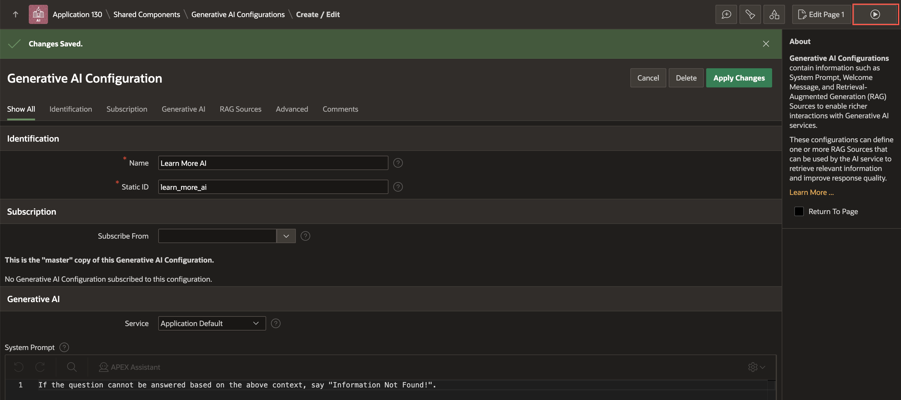 AI configurations page