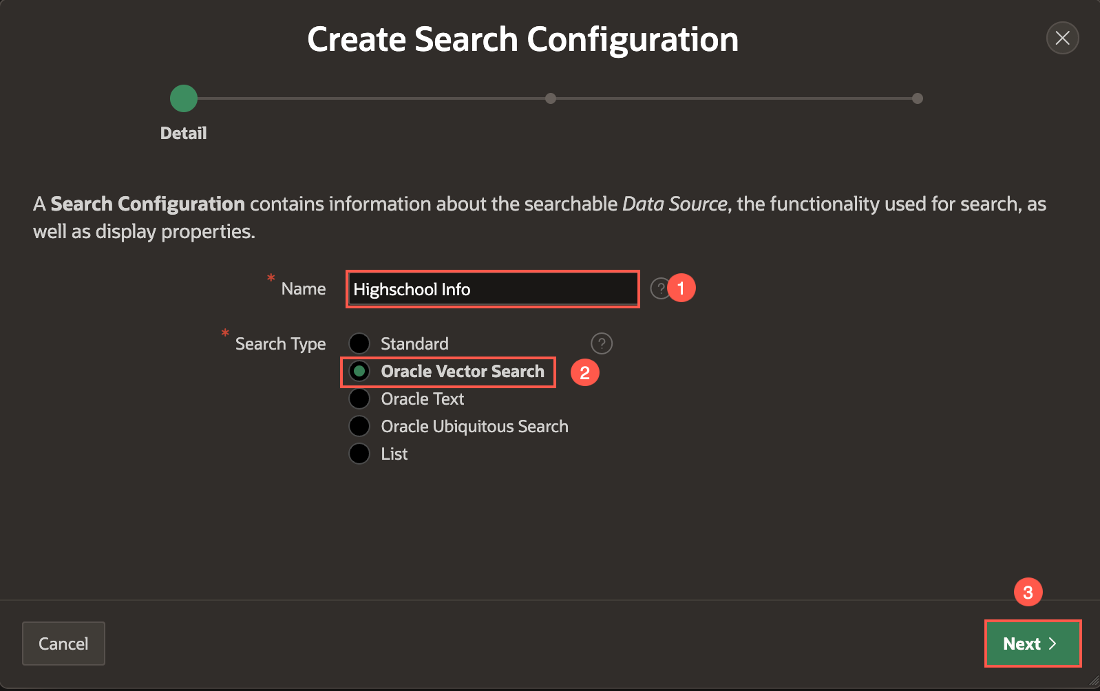 Create Search Configurations page
