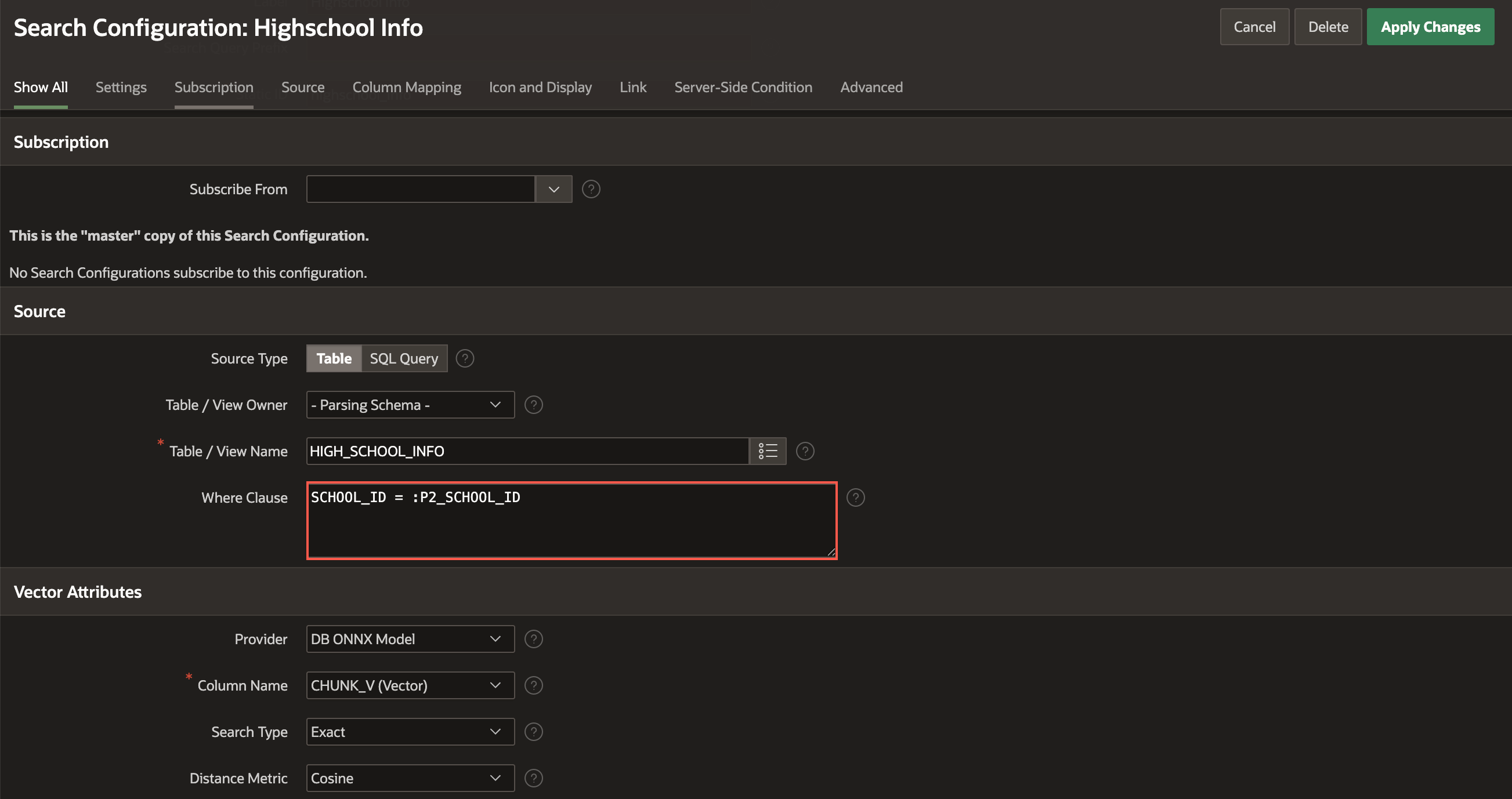 Create Search Configurations page