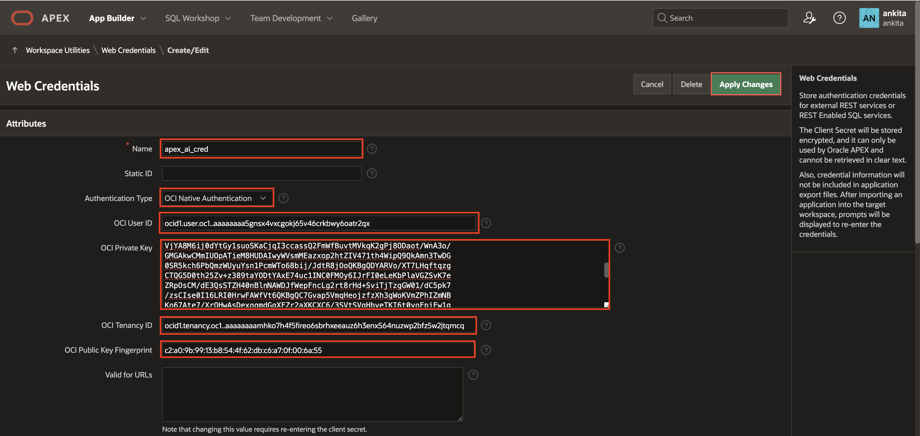 Web Credentials page