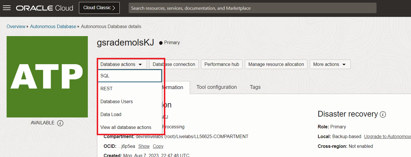 Select Database Actions from the autonomous Database Details page