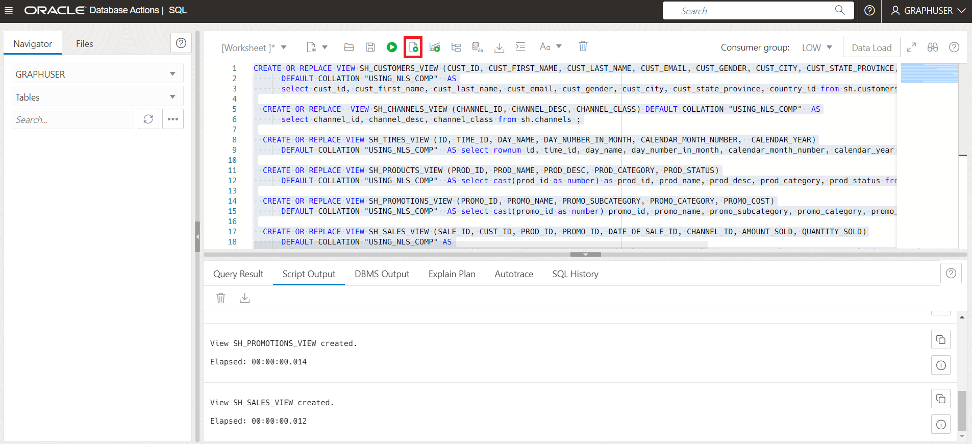 Run the copied code to create views for CUSTOMERS, TIMES, CHANNELS, PRODUCTS, and PROMOTIONS